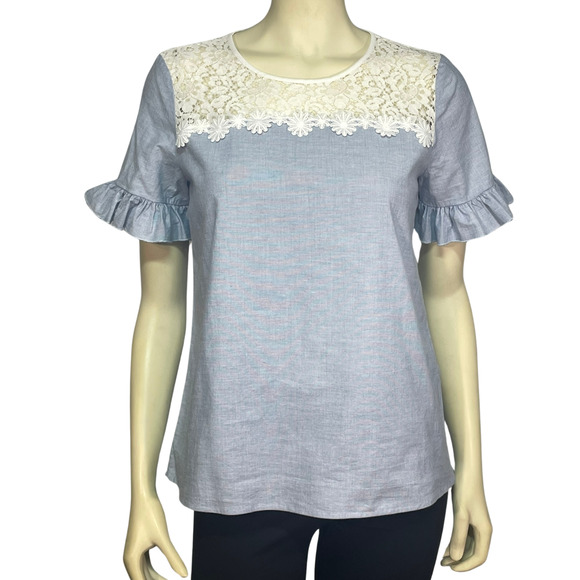 3-FOR-$30 Karl Lagerfeld Sz S Ruffle Sleeve Top Chambray Blue  White Lace - Picture 1 of 10